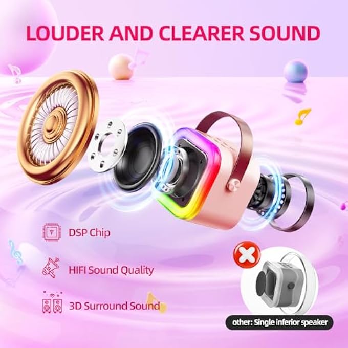 MINI KARAOKE MACHINE FOR KIDS GIFTS ADULTS (CUTE LITTLE & PORTABLE) BLUETOOTH SPEAKER WITH WIRELESS MICROPHONE (SOUND LOUD) BIRTHDAY GIFTS FOR GIRLS 3-12 YEARS OLD TODDLER TOYS - PINK - Image 3